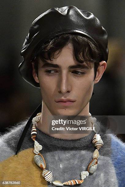 Model walks the runway at the Prada show during Milan Men's Fashion Week Fall/Winter 2017/18 on January 15, 2017 in Milan, Italy.