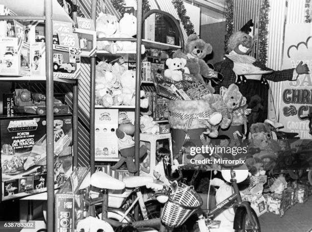 The toy department at the Co-Op store in East Street, Derby in the build up to Christmas. November 1985.