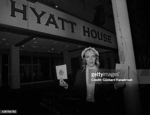 Brian Eno posed outside the Hyatt House hotel in Los Angeles, United States, July 1974.