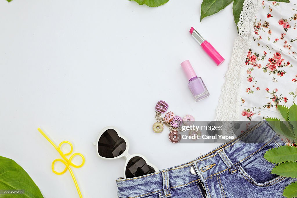 Fashion summer girl clothes accessories set Woman essentials.overhead