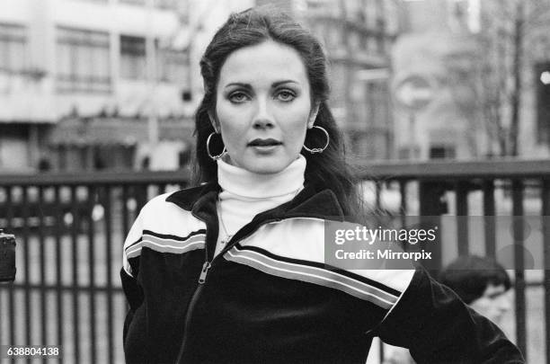 Lynda Carter - star of the television series Wonder Woman, jogging along Park Lane in London. Wonder Woman ran for 3 series from 1975 to 1979....