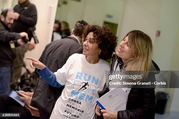 Woman wearing the shirt of the Marathon of Memory together with the marathon runner Franca Fiacconi during a press conference at Palazzo Chigi for...