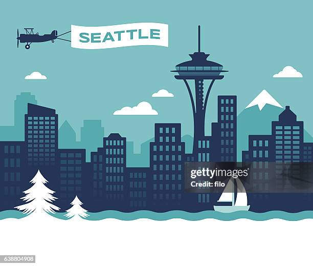 seattle skyline - mount rainier blue sky stock illustrations