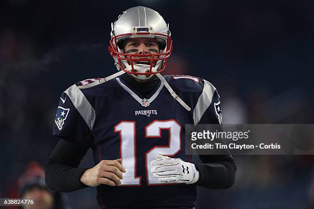 Quarterback Tom Brady of the New England Patriots warming up before the Houston Texans Vs New England Patriots Divisional round game during the NFL...