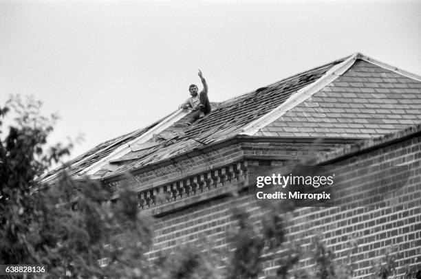 Michael Peterson stages a protest on the roof of Broadmoor Hospital. 20th June 1983.