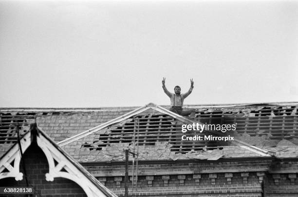 Michael Peterson stages a protest on the roof of Broadmoor Hospital. 20th June 1983.