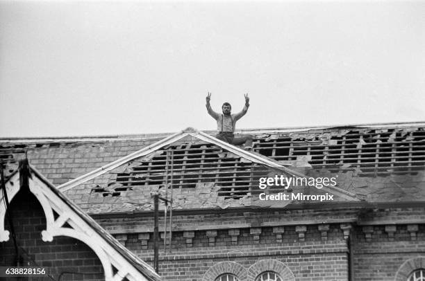 Michael Peterson stages a protest on the roof of Broadmoor Hospital. 20th June 1983.