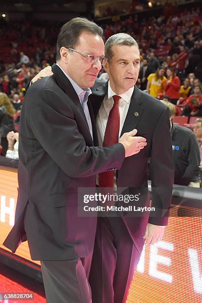 Head coach Tom Crean of the Indiana Hoosiers and head coach Mark Turgeon of the Maryland Terrapins before a college basketball game at the XFinity...