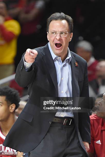 Head coach Tom Crean of the Indiana Hoosiers sreacts during a college basketball game against the Maryland Terrapins at the XFinity Center Center on...