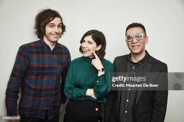 Jonathan Krisel, Carrie Brownstein and Fred Armisen from IFC's 'Portlandia' pose in the Getty Images Portrait Studio at the 2017 Winter Television...