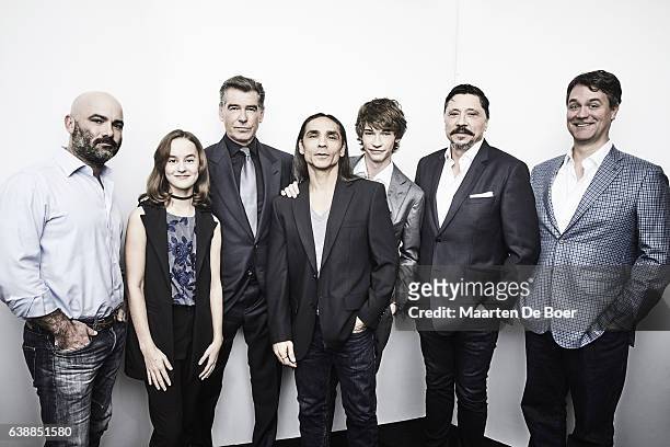 Philipp Meyer, Sydney Lucas, Pierce Brosnan, Zahn McClarnon, Jacob Lofland, Carlos Bardem and Kevin Murphy from AMC's 'The Son' pose in the Getty...