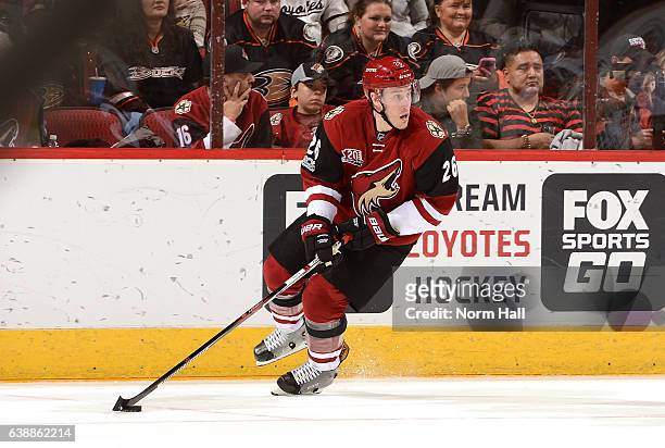 Michael Stone of the Arizona Coyotes skates the puck up ice against the Anaheim Ducks at Gila River Arena on January 14, 2017 in Glendale, Arizona.