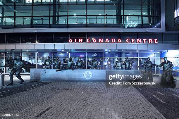 Statues of Mats Sundin of the Toronto Maple Leafs and Tim Horton and Borje Salming and Darryl Sittler and Ted Kennedy and Syl Apps and Dave Keon and...