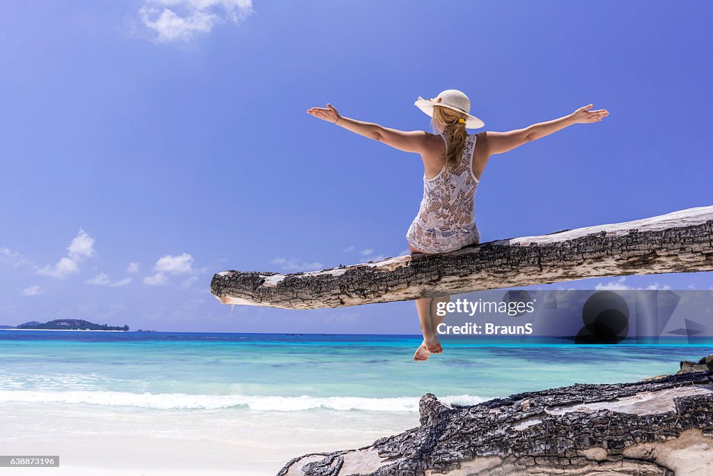 Vista trasera de la mujer despreocupada en el tronco del árbol en la playa.