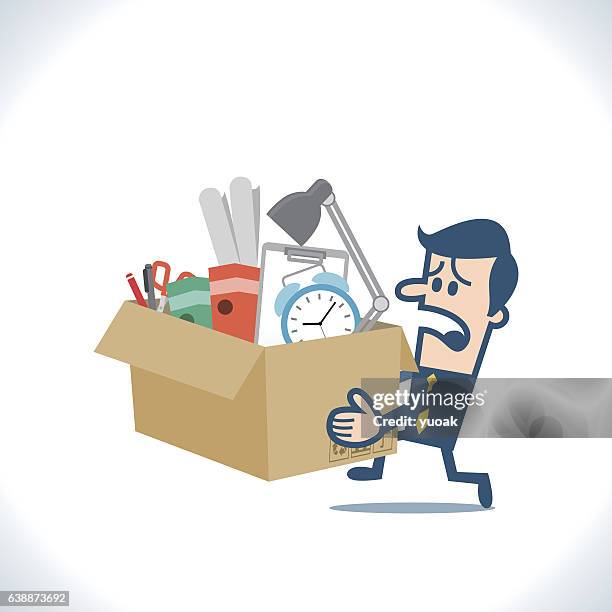 fired worker is holding a box with personal belongings - busy warehouse stock illustrations