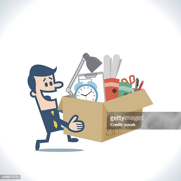 mann trägt kisten mit seiner arbeit in ein neues büro - lagermitarbeiter stock-grafiken, -clipart, -cartoons und -symbole