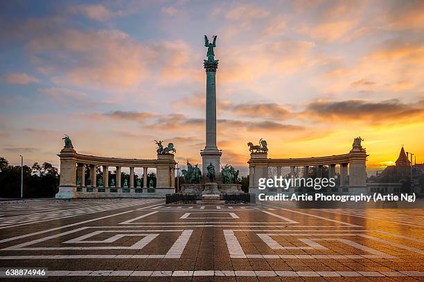 sunrise at heros' square, budapest, hungary - budapest stock pictures, royalty-free photos & images