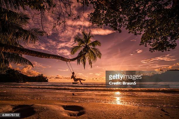 carefree woman swinging above the sea at sunset beach. - seychelles stockfoto's en -beelden