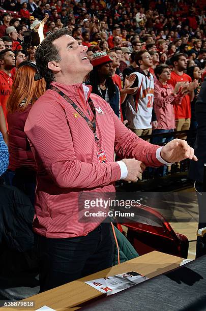 Kevin Plank, Under Armour founder and CEO, watches the game between the Maryland Terrapins and the Indiana Hoosiers at Xfinity Center on January 10,...
