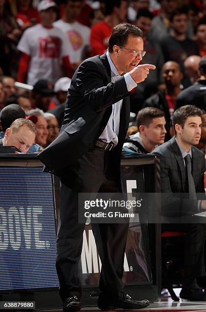 Head coach Tom Crean of the Indiana Hoosiers watches the game against the Maryland Terrapins at Xfinity Center on January 10, 2017 in College Park,...