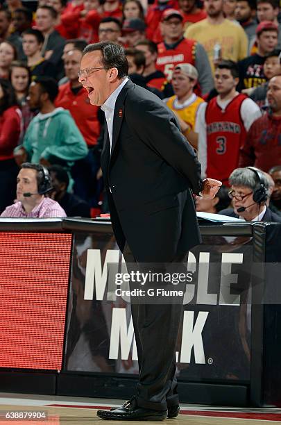 Head coach Tom Crean of the Indiana Hoosiers watches the game against the Maryland Terrapins at Xfinity Center on January 10, 2017 in College Park,...