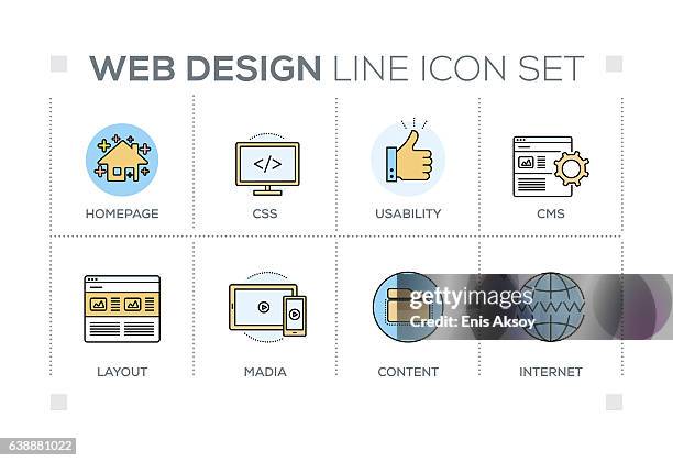 ilustraciones, imágenes clip art, dibujos animados e iconos de stock de palabras clave de diseño web con iconos de línea - diseño web adaptable