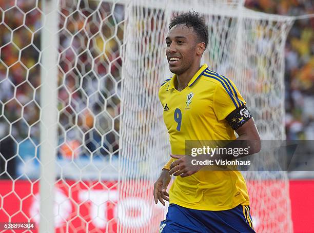 Of Gabon celebrates his goal during the Group A match between Gabon v Guinea-Bissau at Stade de L'Amitie on January 14, 2017 in Libreville, Gabon.