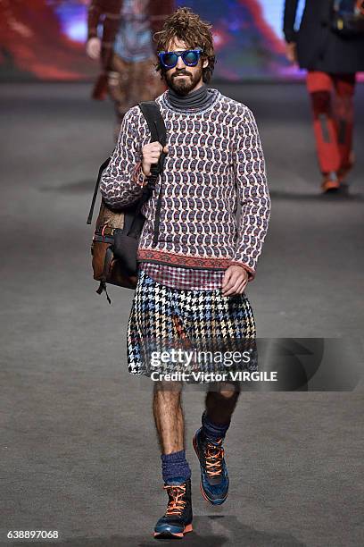 Model walks the runway at the Etro show during Milan Men's Fashion Week Fall/Winter 2017/18 on January 16, 2017 in Milan, Italy.