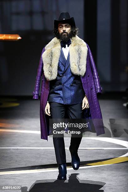 Model walks the runway at the Billionaire show during Milan Men's Fashion Week Fall/Winter 2017/18 on January 16, 2017 in Milan, Italy.