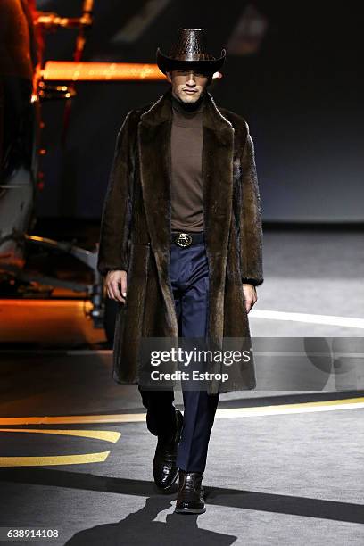 Model walks the runway at the Billionaire show during Milan Men's Fashion Week Fall/Winter 2017/18 on January 16, 2017 in Milan, Italy.