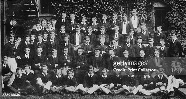 Winston Churchill in a group photograph at Harrow School, c1889, . From Winston Churchill: His Life in Pictures, by Ben Tucker. [Sagall Press, Ltd.,...