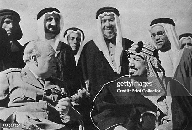 Among other Middle East rulers, King Ibn Saud, of Saudi Arabia', 1945. Ibn Saud met with Churchill in the Grand Hotel du Lac on the shores of the...