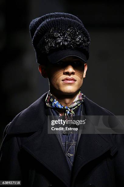 Headwear detail at the Dsquared2 show during Milan Men's Fashion Week Fall/Winter 2017/18 on January 15, 2017 in Milan, Italy.