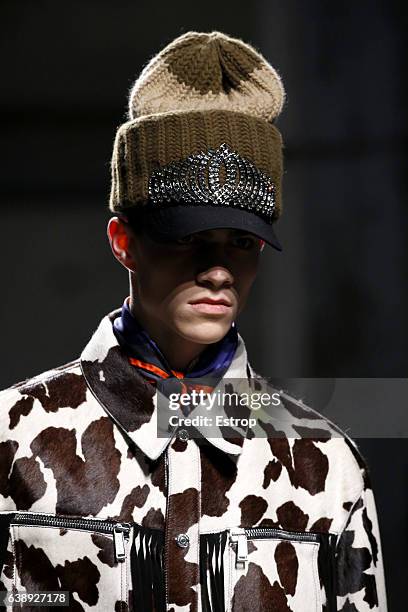 Headwear detail at the Dsquared2 show during Milan Men's Fashion Week Fall/Winter 2017/18 on January 15, 2017 in Milan, Italy.