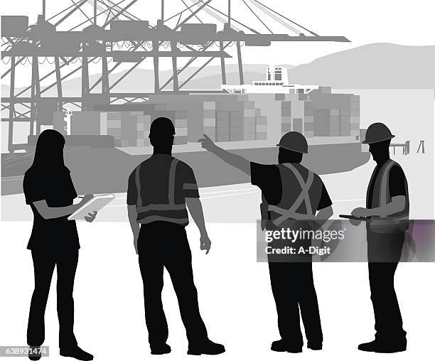 vorarbeiter instrukt die arbeiter am hafen an - hardhat stock-grafiken, -clipart, -cartoons und -symbole