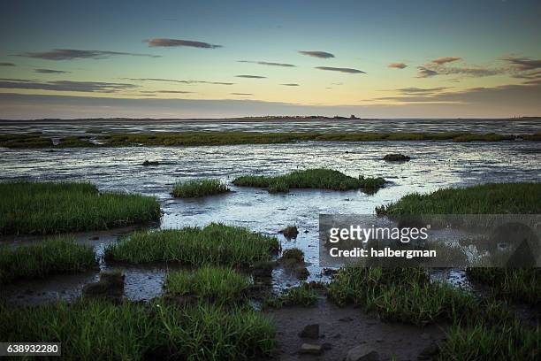 holy island view at dusk - watershed 2017 stock pictures, royalty-free photos & images