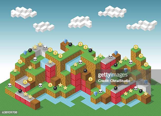 ilustraciones, imágenes clip art, dibujos animados e iconos de stock de isométrico retro-looking 3d juego de ordenador de plataformas - sala de máquinas recreativas