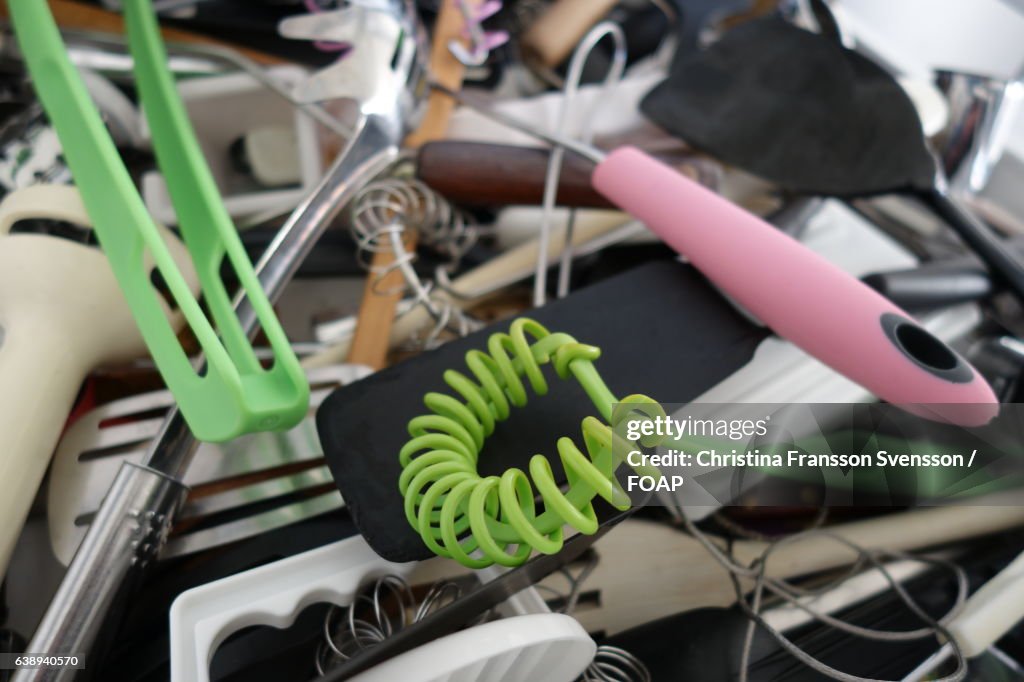 High angle view of kitchen utensils