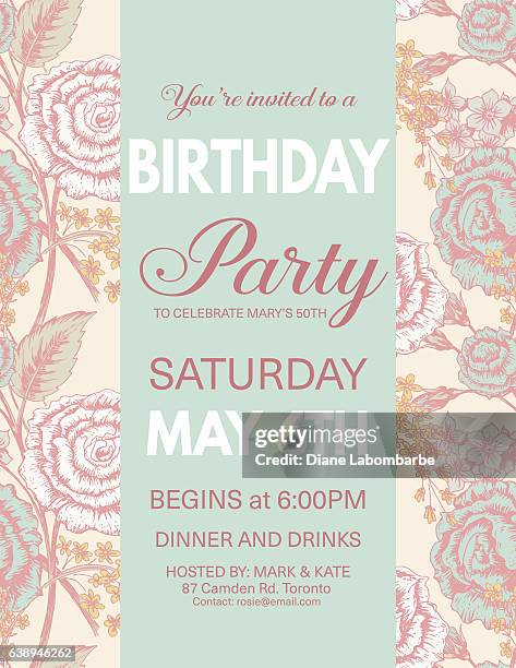 geburtstags-party-einladung auf rosen-muster - birthday invitation stock-grafiken, -clipart, -cartoons und -symbole