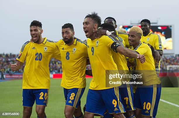 Of Gabon celebrates his goal during the Group A match between Gabon v Guinea-Bissau at Stade de L'Amitie on January 14, 2017 in Libreville, Gabon.