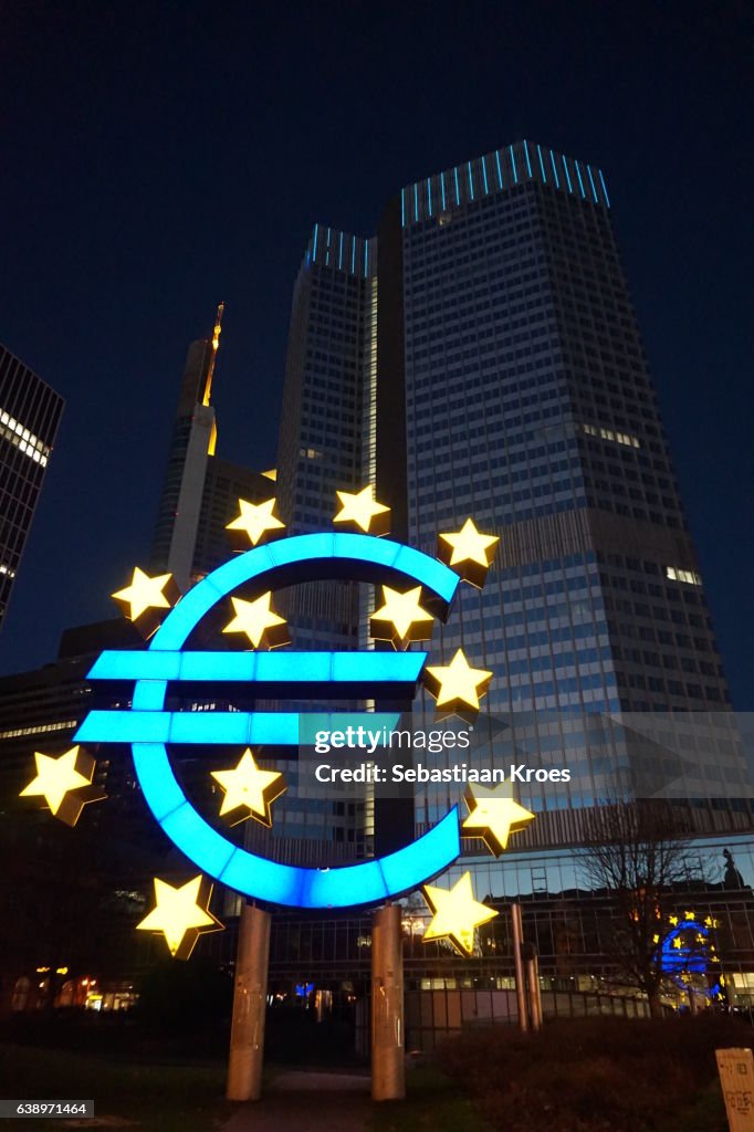 Euro Symbol Sculpture at Night, Frankfurt, Germany