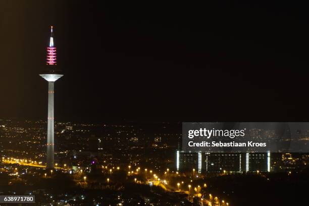 colourful europaturm tower, long exposure, at night, frankfurt, germany - 1974 stock pictures, royalty-free photos & images