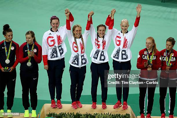 Track Cycling - Olympics: Day 8 The Great Britain team of Katie Archibald, Laura Trott, Elinor Barker and Joanna Rowsell-Shand celebrate after...