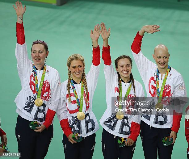 Track Cycling - Olympics: Day 8 The Great Britain team of Katie Archibald, Laura Trott, Elinor Barker and Joanna Rowsell-Shand celebrate after...