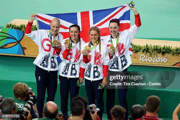 Track Cycling - Olympics: Day 8 The Great Britain team, from right, of Katie Archibald, Laura Trott, Elinor Barker and Joanna Rowsell-Shand celebrate...