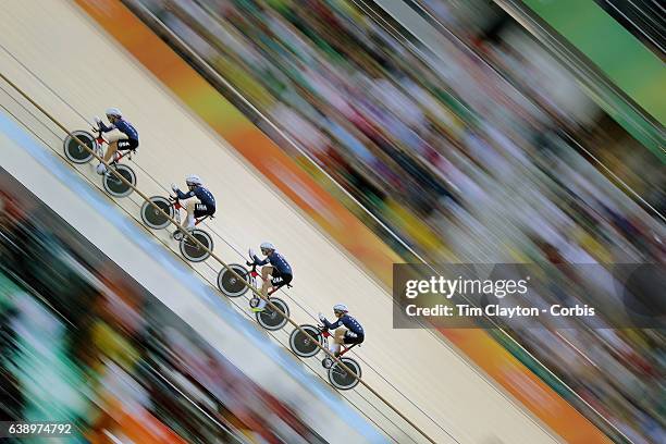 Track Cycling - Olympics: Day 8 Sarah Hammer, Kelly Catlin, Chloe Dygert and Jennifer Valente of United States of American in action in the Women's...