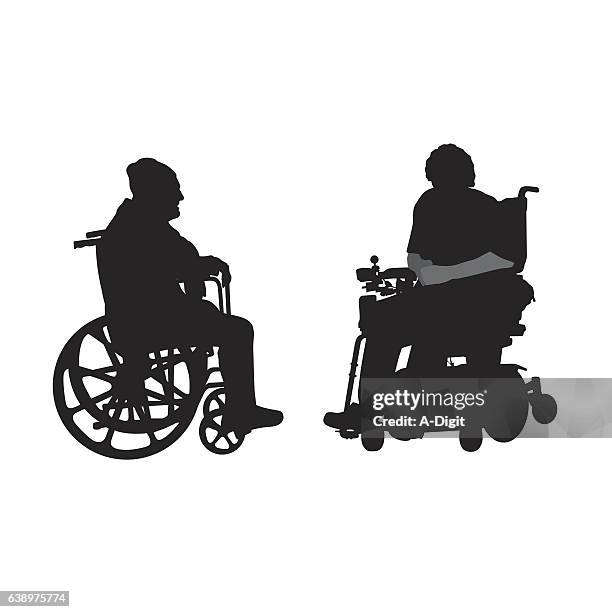 disabled elderly friends - motorized wheelchair stock illustrations