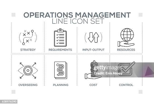 operations management keywords with monochrome line icons - operations manager stock illustrations