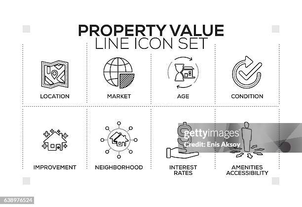 property value keywords with monochrome line icons - housing infographic stock illustrations