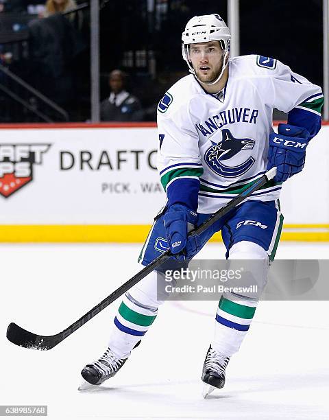 Linden Vey of the Vancouver Canucks plays in the game against the New York Islanders at Barclays Center on January 17, 2016 in Brooklyn borough of...